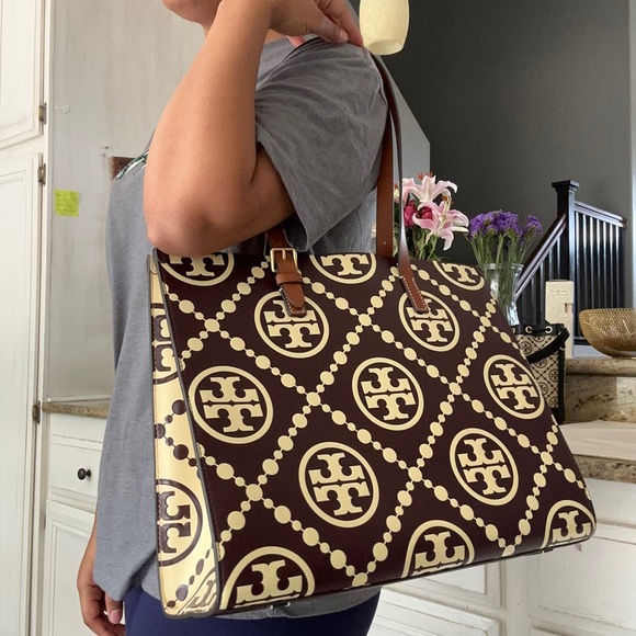 Tory Burch Handbags - New Tory Burch T MONOGRAM CONTRAST EMBOSSED TOTE BAG wine/ cream